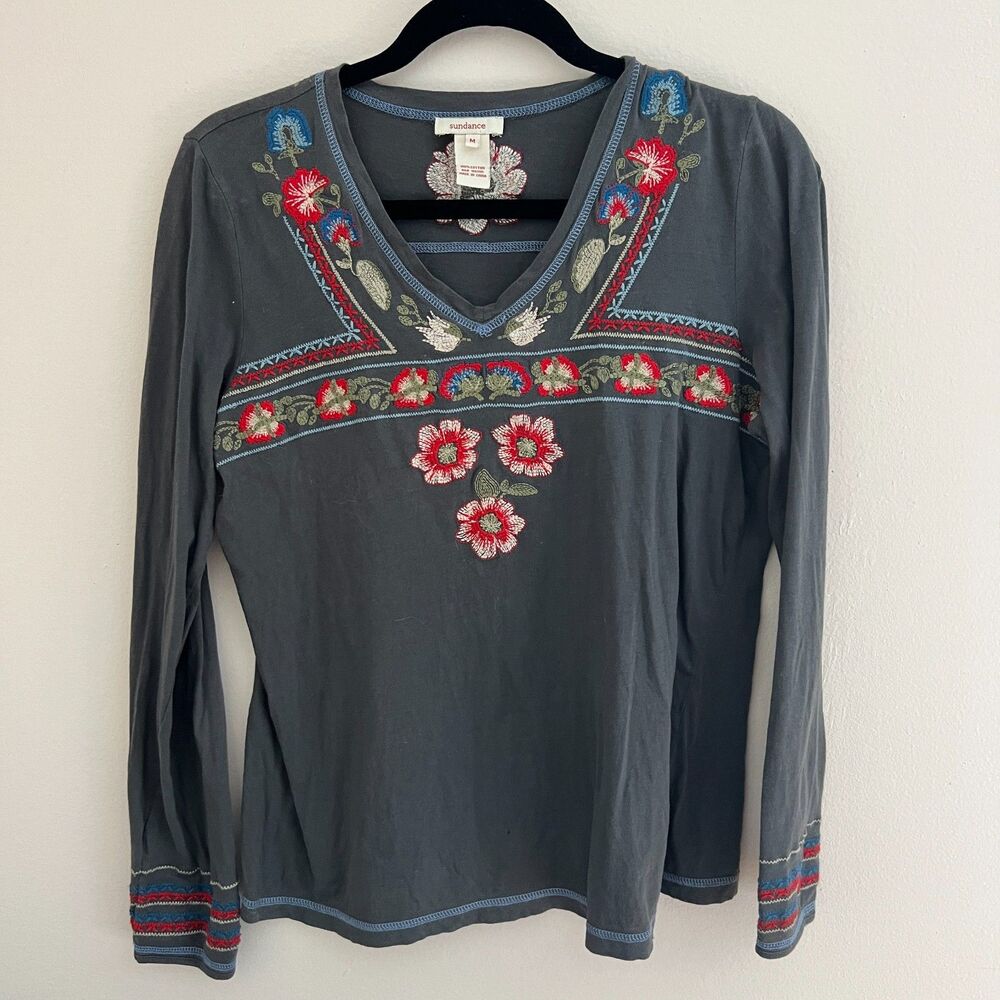 Sundance Boho Long Sleeve Scoop Neck Embroidered Shirt Gray M